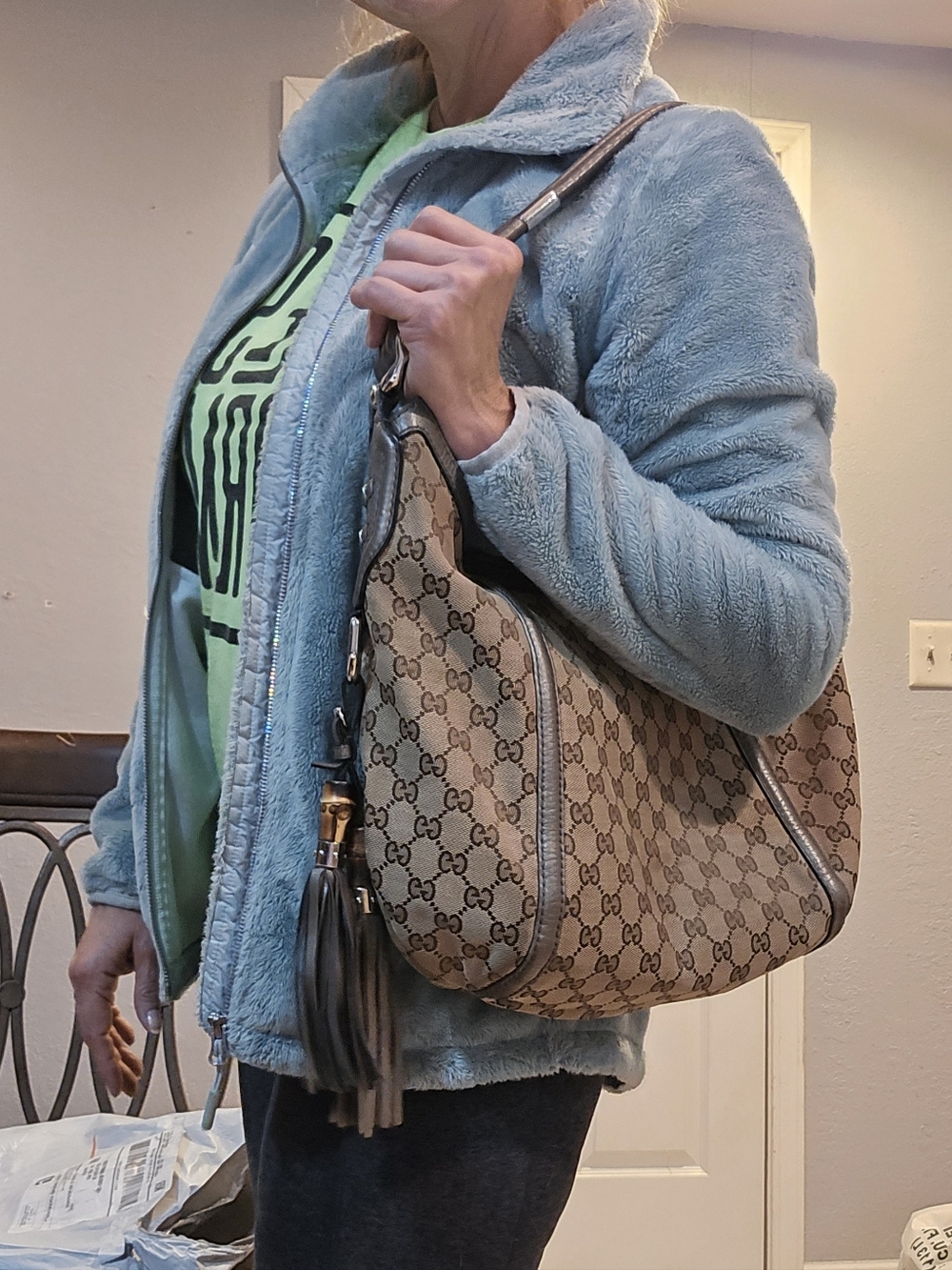 GUC Authentic Gucci GG Beige/ Gray Canvas Techno Horsebit Hobo Handbag - Picture 11 of 16